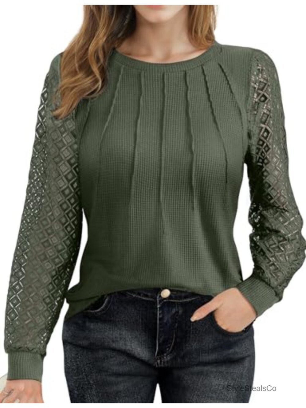Lace Long Sleeve Waffle Knit Blouse Pleated Front Business Casual